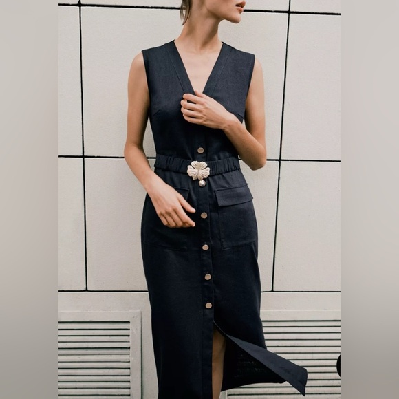 Zara linen belted midi dress - Picture 2 of 6